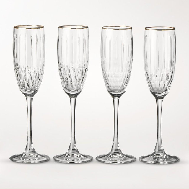 Wilshire Jewel Cut Gold Rim Champagne Flutes, Set of 4