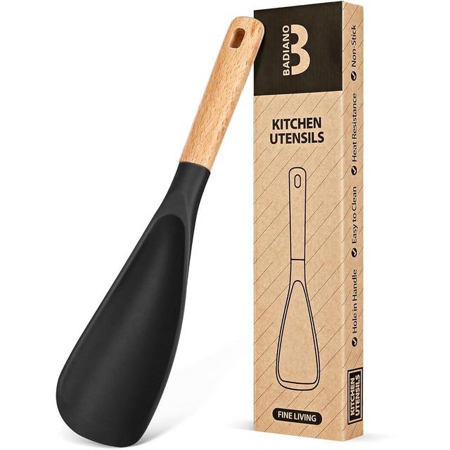 Cooking Spoon for Nonstick Cookwares, Great for Cooking and Serving Sturdy BPA-Free Matte Silicone, Wood Handle Spoon for Mixing, Scoop, and Scrape (Black)