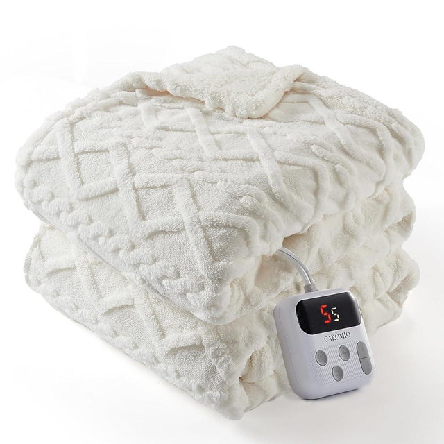 CAROMIO Electric Blanket Full Size - Thick Tufted Sherpa Heated Blanket Full Size with 10 Heating Levels and 10 Time Settings, ETL Certified Machine Washable Fast Heating Blanket Full 72"×84", White