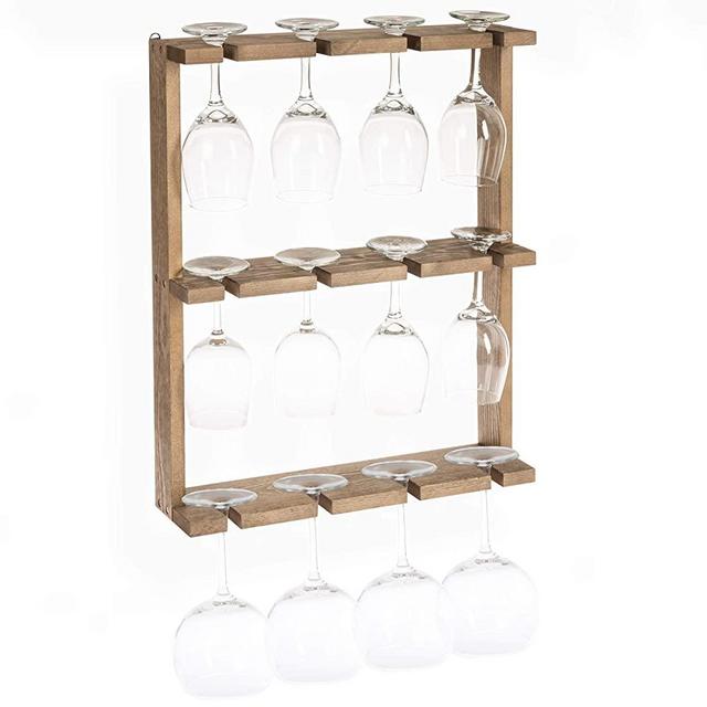 Ilyapa Wine Glass Rack, Wall Mounted - 3 Tier Rustic Barn Wood Stemware Storage Holder