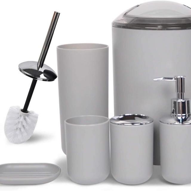 WeGuard Bathroom Accessories Set 6 Piece Bath Ensemble with Smooth Surface Includes Soap Dispenser, Toothbrush Holder, Toothbrush Cup, Soap Dish for Decorative Countertop and Housewarming Gift, Gray