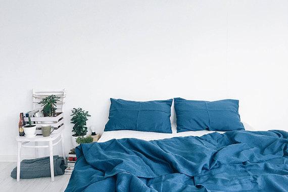 Pacific. Linen bedding set. Linen duvet cover and 2 pillow cases. Navy, blue. Twin, Euro, US Full, US Queen, US King