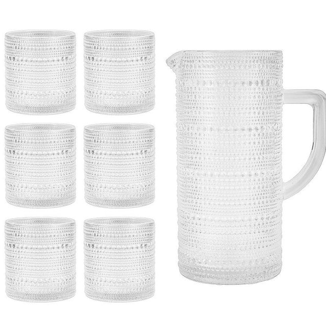 Jupiter Beaded Glass Pitcher with 6 Double Old Fashioned Glasses, White