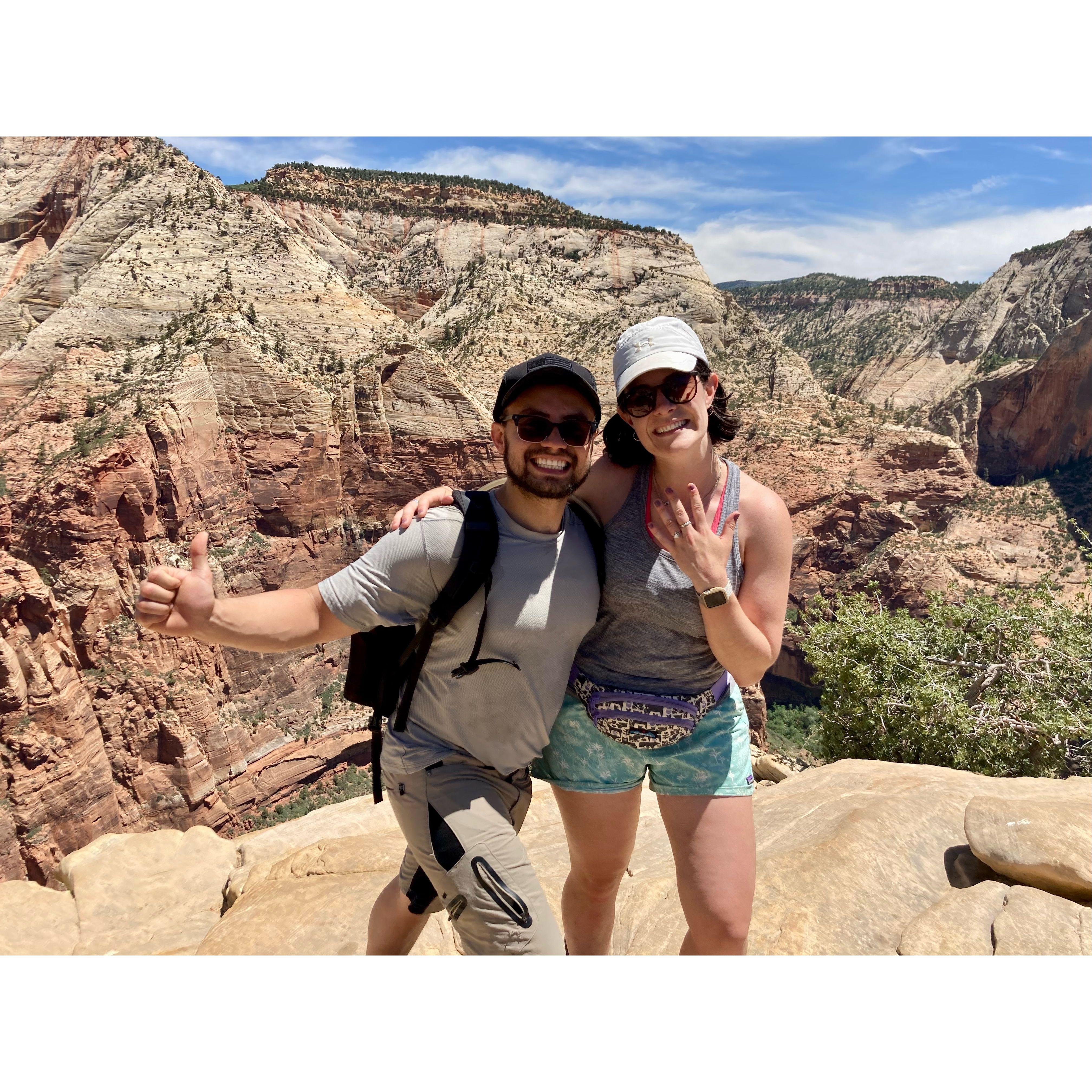 For the engagement, Walter surprised Alison on top of Angels' Landing in Zion National Park. He's afraid of extreme heights so the gesture was a big one!