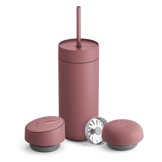 Fellow 16 oz Carter Bundle (3 in 1) Travel Mug with Slide-Lock, Move & Cold Lids with Straw - To-Go Coffee Tumbler, Ceramic Interior & Vacuum-Insulated Stainless Steel - Coffee Cups-Desert Rose