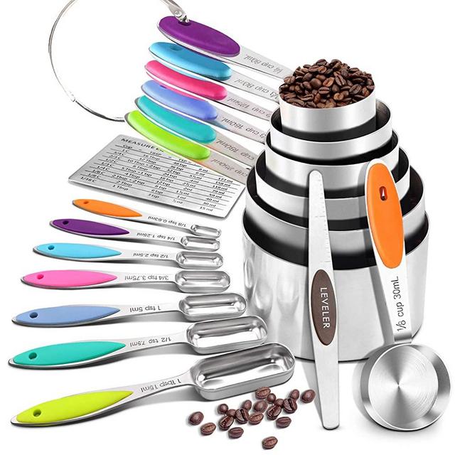 16 Pcs Measuring Cups and Spoons Set, EAGMAK Stainless Steel Stackable Measuring Cups and Spoons with Multiple Size, Space Saving, Great for Dry and Liquid Ingredients (Multicolor)