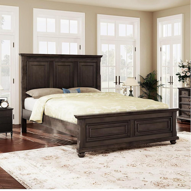Vintage Pine Wood Bed Frame with Headboard and Footboard, Traditional Town King Size Platform Bed with Unique Design Legs for Kids Teens Adults, Slats Support Mattress Foundation No Box Spring Needed