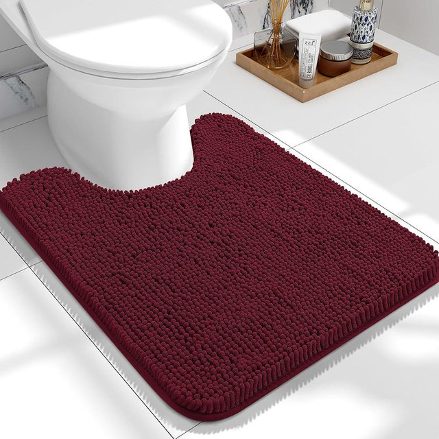OLANLY Toilet Rugs U-Shaped 24x20, Extra Soft Absorbent Chenille Contour Bathroom Rugs for Toilet, Dry Quickly, Machine Washable, Non-Slip Toilet Bath Mat, Burgundy