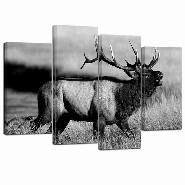 LevvArts - 4 Piece Animal Picture Black and White Bull Elk Canvas Wall Art Painting for Living Room Home Office Decor Modern Wildlife Artwork Framed Gallery Canvas Wrapped Ready to Hang