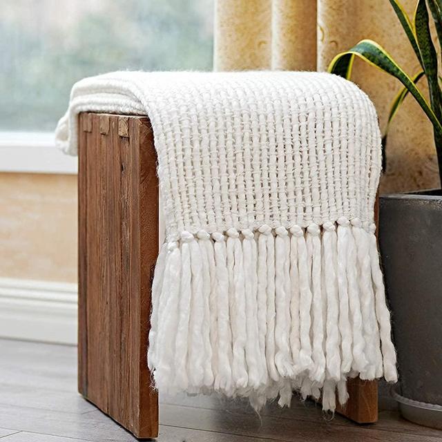 MOTINI 100% Acrylic White Throw Blankets, Ultra Thick Soft Cozy Decorative Blankets with Long Tassels Fringe for Couch Sofa, 50 x 60 inch