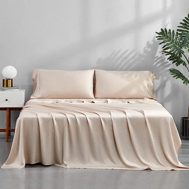 ACCURATEX Bamboo Sheets Queen Size Sand - 100% Organic Bamboo Fiber Cooling Sheets for Queen Size Bed, 4 Pieces Bed Sheets up to 16 inches Deep Pockect,Super Soft Breathable Sheet Set