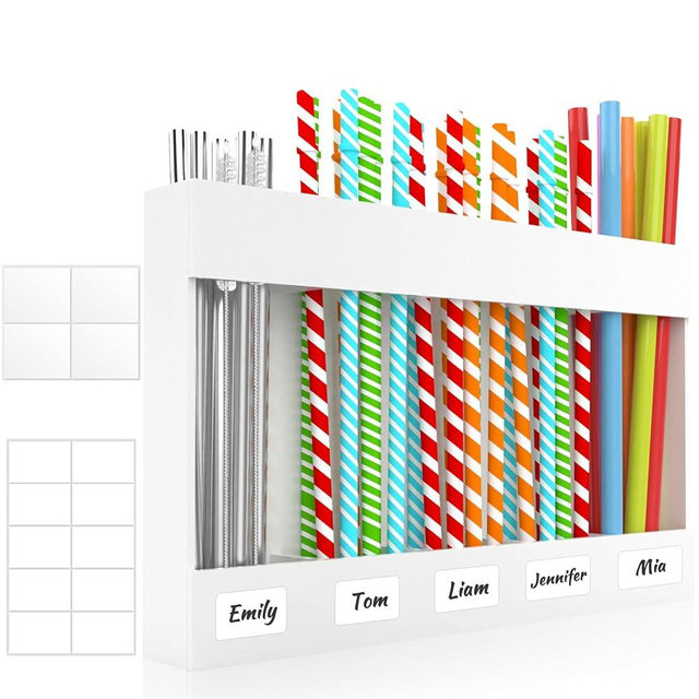 Rycid 9.8” Large Acrylic Straw Holder for Cabinet with Double Sided Adhesive Squares and Stickers, 2025 Reusable Straws Organizer Storage Dispenser for Kitchen Counter Cupboard Door(White)