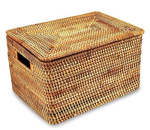 YAHOMMY Wicker Storage Basket- Handwoven Rattan Basket With Lid (14.9" L×11.2"W×8.2"H)…
