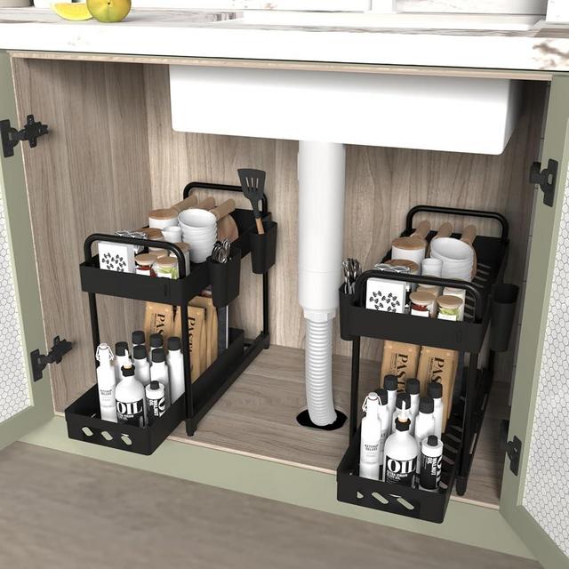 Botion 2 Pack Double-Layer Under Sink Organizer for Efficiently Utilizing Space, High Capacity and Space Saving, 2 Tier Sliding Under Sink Shelf with 4 Hooks and a Cup Slot(Black)