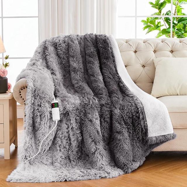 RUJIPO Faux Fur & Sherpa Fleece Electric Blanket - Auto-Off Warming Plush Throw with 10 Heating Levels for Bed - 50" x 60", Grey