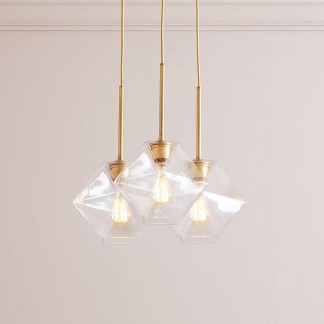 Sculptural 3-Light Chandelier, Faceted Small, Clear, Brass, 11.5"