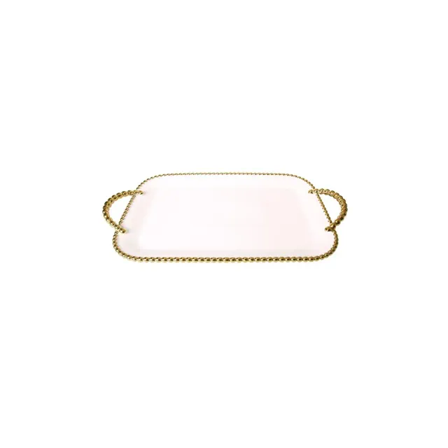 Classic Touch Porcelain White Tray with Gold Beaded Borders and Handles, 19"L