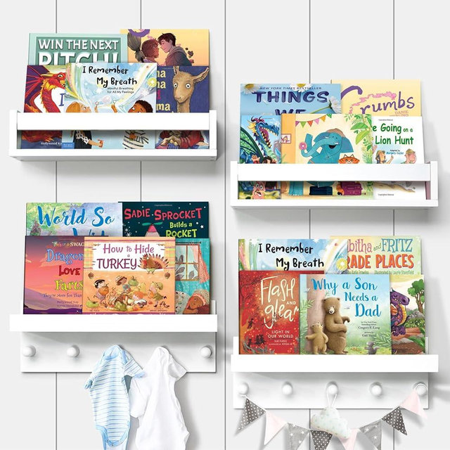 Ollieroo Set of Four Floating Book Shelves for Wall, Nursery Book Shelf for Kids Room, Bamboo Wood Hanging Bookshelf for Baby Teen Boys Girls, Wall Mounted Shelves for Bedroom Bathroom Decor(Straight)