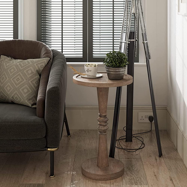 COZAYH Pedestal Small Drinking Table, Farmhouse Tray Top End Table, Distressed Finish, Wood Color (PH0308-4)