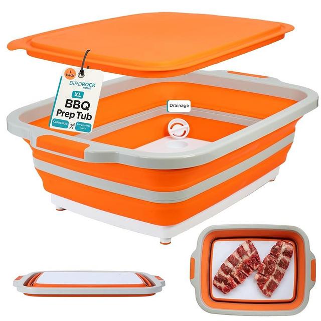 BIRDROCK HOME Collapsible XL BBQ Prep Tub w/Cutting Board, Multi-Function Grill Caddy w/Colander & Lid, Portable Silicone Dish Bowl for Picnic, Tailgate, Camping - Orange