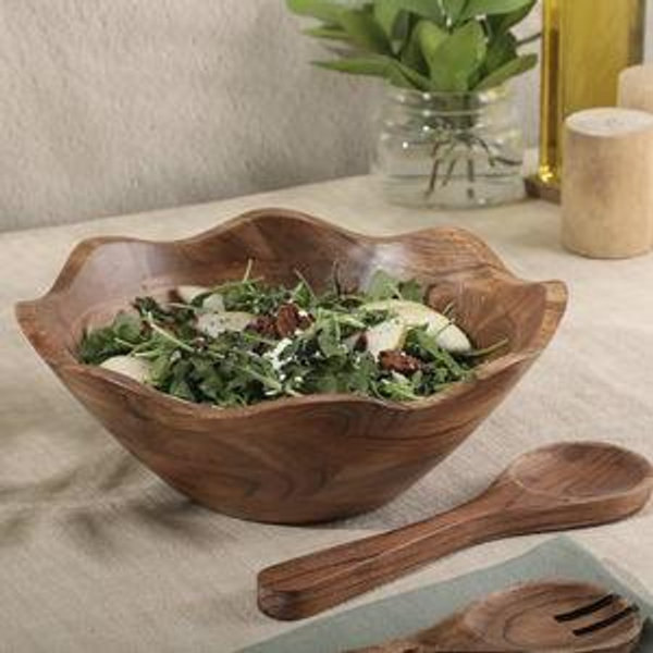 Gibson Home Sandhurst 3-Piece Acacia Wood Salad Bowl Set – 12-Inch Scalloped Serving Bowl with Wooden Salad Servers – Natural Rustic Finish for Dining, Entertaining, or Gifting
