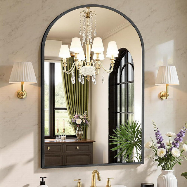 Sweetcrispy 26"x38" Arch Black Bathroom Wall Mirror, Metal Frame Vanity Mirror for Bedroom, Entryway, Living Room