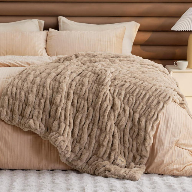 Bedsure Gentlesoft Fuzzy Faux Fur Throw Blanket for Couch, Ultra Soft Fluffy Blanket Double Side Faux Rabbit Fur Throw Gifts, Plush Thick Warm Luxury Decor Gifts for Home, 50X60 Inch, Light Brown