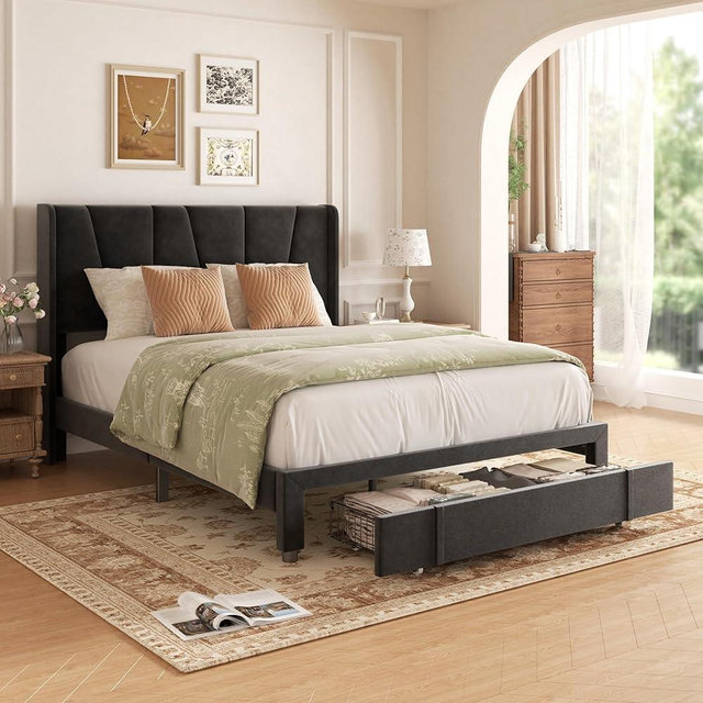 viplov Queen Bed Frame with Storage Drawers, Upholstered Platform Bed with Headboard and Wingboard, No Box Spring Needed, Noise Free, Easy Assembly, Wooden Support Slats, Black