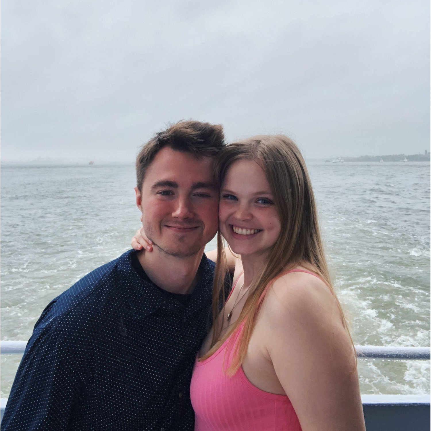 Margaux and Austin on a Pink Party cruise on the Hudson River. Austin did not follow the dress code...
