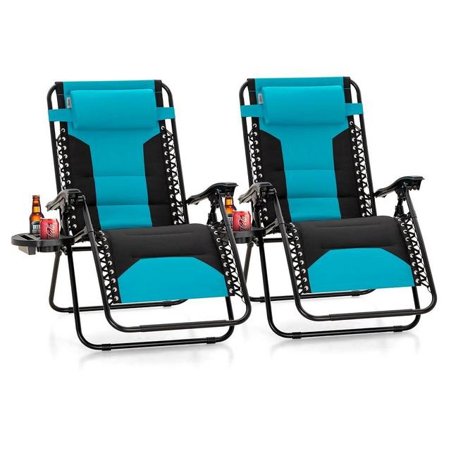 PHI VILLA XXL Oversized Padded Zero Gravity Chair, Foldable Patio Recliner, 28" Wide Seat Anti Gravity Lounger with Cup Holder, Set of 2, Support 400 LBS (Aqua)