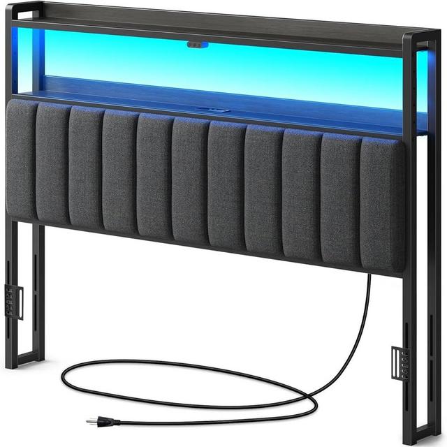 Rolanstar Headboard for Queen Size Bed with Storage, 60,000 DIY Color of LED Light, Head Board with USB & Type C Port, Height Adjustable, Black Upholstered Cabeceras de Cama Comfortable Modern, Linen