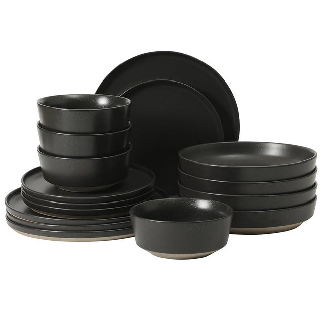 Gibson Elite Overbrook 16-Piece Pottery Clay Stoneware Dinnerware Set – Black Reactive Glaze, Stackable Plates and Bowls W/Pasta Bowl, Service for 4 – Microwave & Dishwasher Safe