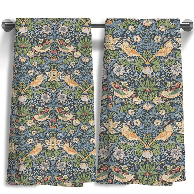 WOOGCHEIR William Morris Floral Bird Kitchen Towels Set of 2, Vintage Retro Flower Dark Botanical Hand Towels for Farmhouse Kitchen Bathroom Decor，16x24 Inch