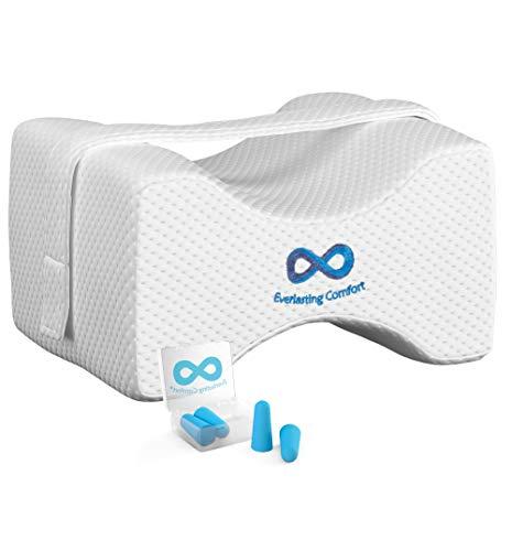 Everlasting Comfort Pure Memory Foam Knee Pillow with Adjustable and Removable Strap - Ear Plugs Included - Leg Pillow for Sleeping