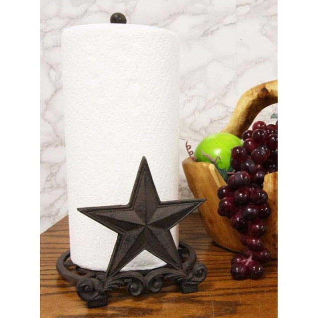 Ebros 13.75" Tall Metal Rustic Country Western Star with Scroll Art Design Paper Towel Holder Display Dispenser Stand Wild West Stars Kitchen Bathroom Home Decor in Aged Bronze Finish