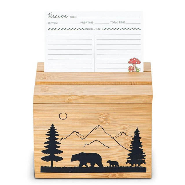 dgudgu Bamboo Recipe Box With Cards And Dividers -Cute Recipe Card Box Decorative Laser Engraved Bear Image, Recipe Card Box With Two Recipe Card and Phone Holding Grooves