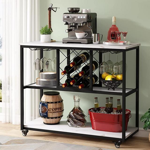 Tribesigns Wine Rack Table with Glass Holder, Modern Wine Bar Cabinet with Wine Rack and Wheels, Freestanding Liquor Cabinet with Storage for Bar, Buffet, Kitchen, Dining Room (White)