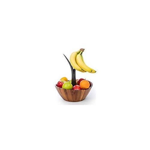 Casa Bellante Acacia Wooden Fruit Bowl with Banana Hanger, 15-Inch Wide, Brown