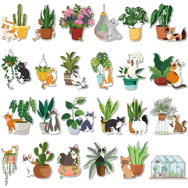 MALLMALL6 24 Pcs Cute Cat and Plant Fridge Magnets Decor Valentines Accessories Unique Gift for Cat Lover, Refrigerator Magnets for Kitchen Office Locker Whiteboard Sticker Mailbox Pencil Case Door