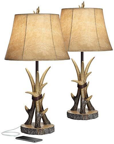 Boone Rustic Western Table Lamps Set of 2 with USB Charging Port Natural Antler Bell Shade Decor for Living Room Bedroom House Bedside Nightstand Home Office Entryway Family - John Timberland