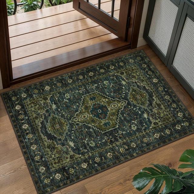 Tangsoo Oriental Small Washable Rugs for Entryway 2x3 Vintage Olive Green Rug Non Slip Small Area Rug, Front Door Boho Print Door Mat Indoor Entrance Soft Low Pile Throw Rug for Entry Kitchen Bedroom