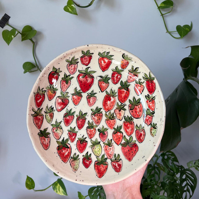 Hand Painted Ceramic Plate Strawberry Design, Food Safe Dinner Plate, Handmade Gift, Stoneware Salad Plate, Dessert Plate