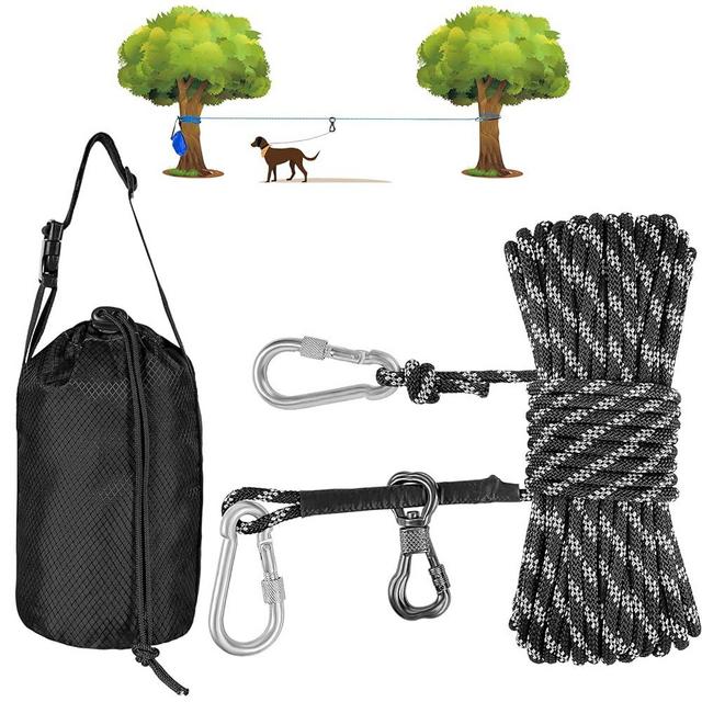 XiaZ Dog Camping Leash, 100ft Portable Overhead Trolley System for Dogs up to 200lbs, Dog Tie Out Cable, Camping, Parks, Outdoor Events,5 min Set-up,Black