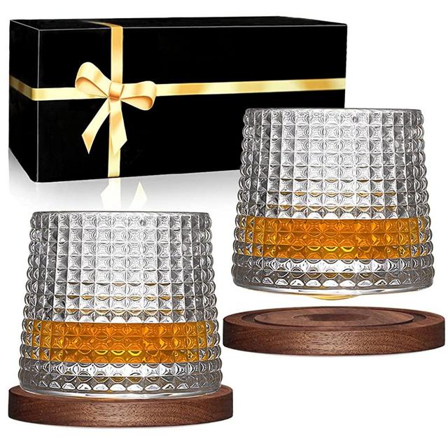 BOLESTA Whiskey Glasses Set of 2, Rotatable Tumbler Crystal Glass Cups, Drinking Glasses with 2Pcs Creative Walnut Coasters and Gift Box - for Scotch,Bourbon,Cocktails