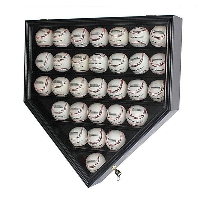 30 Baseball Display Case Cabinet Holder Rack Home Plate Shaped w/UV Protection- Lockable B30H-BL