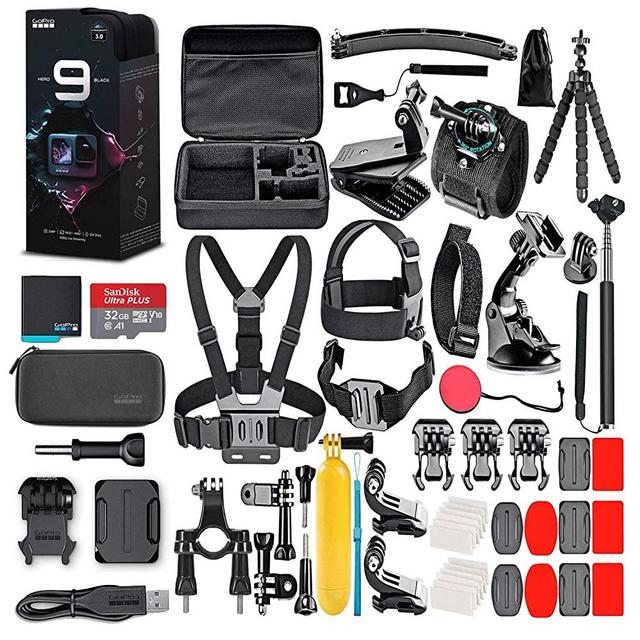 GoPro HERO9 Black - Waterproof Action Camera with Front LCD, Touch Rear Screens, 5K Video, 20MP Photos, 1080p Live Streaming, Stabilization + 32GB Card and 50 Piece Accessory Kit - Action Kit