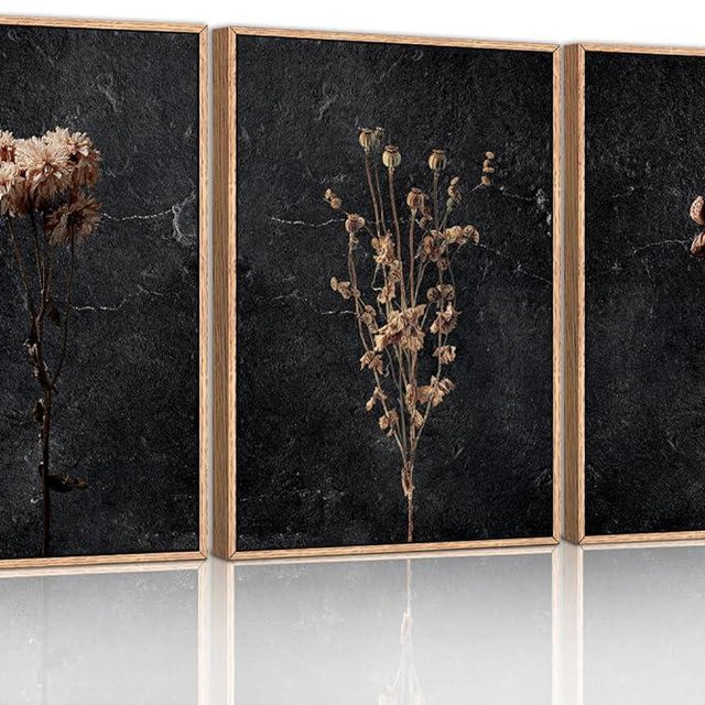Ausril Moody Dark Orange Floral Framed Canvas Wall Art Set, Minimalist Wildflower Wall Decor, Black Flower Botanical Wall Painting, Modern Art Print for Living Room, Bedroom, Office 16"x24"x3
