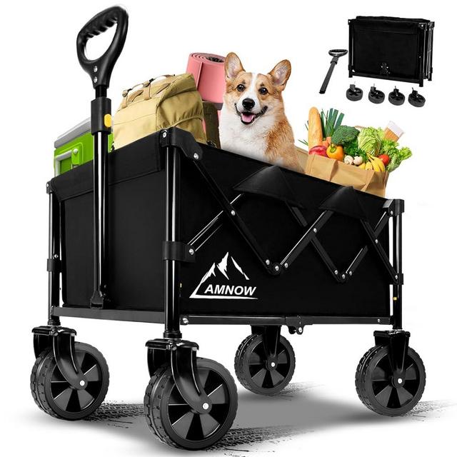 Collapsible Folding Beach Wagon Cart, Utility Large Capacity Cart Foldable wagon with All Terrain Wheels, Grocery Wagon Cart for Garden Shopping Sports Camping, Black
