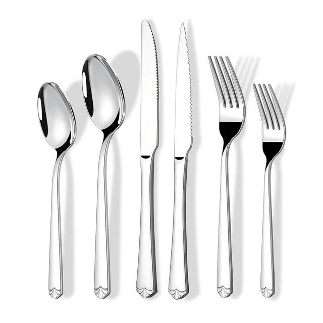 60 Piece Silverware Set with Steak Knives for 10, Prendcyx Stainless Steel Flatware Set, Food-Grade Tableware Cutlery Set Includes Forks Spoons Knives, Mirror Polished, Dishwasher Safe