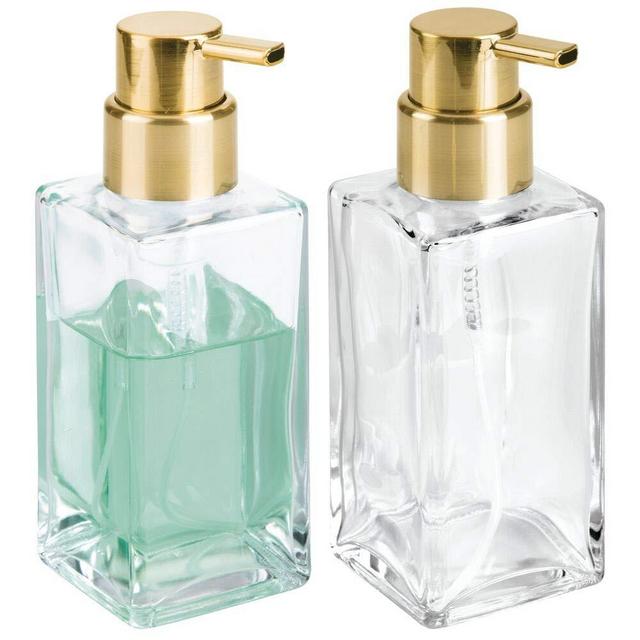 mDesign Modern Square Glass Refillable Foaming Hand Soap Dispenser Pump Bottle for Bathroom Vanities or Kitchen Sink, Countertops - 2 Pack - Clear/Soft Brass